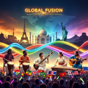 An vibrant illustration depicting "Global Fusion" where music bridges cultures across continents. In the foreground, musicians from diverse