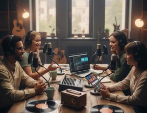 A group of individuals discussing over a podcast series