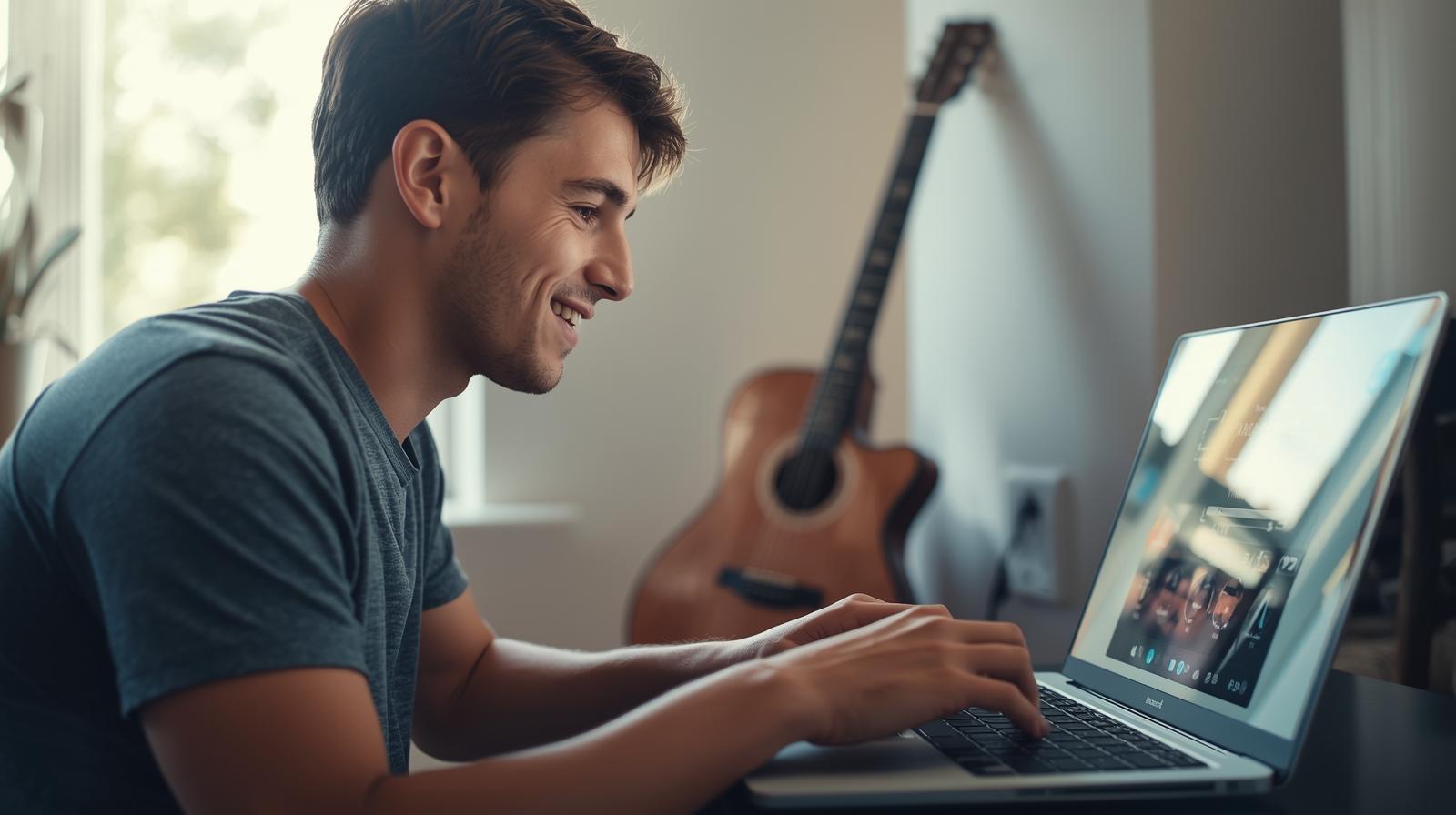 Musician optimizing band website on laptop inside bright home studio.