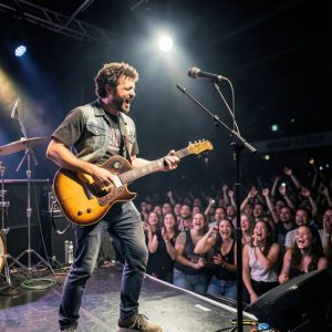 Live performance stage with a comedian holding a guitar, audience laughing, spotlight lighting, microphone stand with the energetic crowd