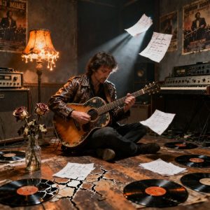 Moody album concept visual with a musician surrounded by symbolic elements representing a story