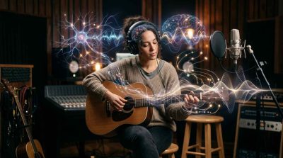Musician wearing headphones in a recording studio with subtle artistic visualization of brain activity and sound waves